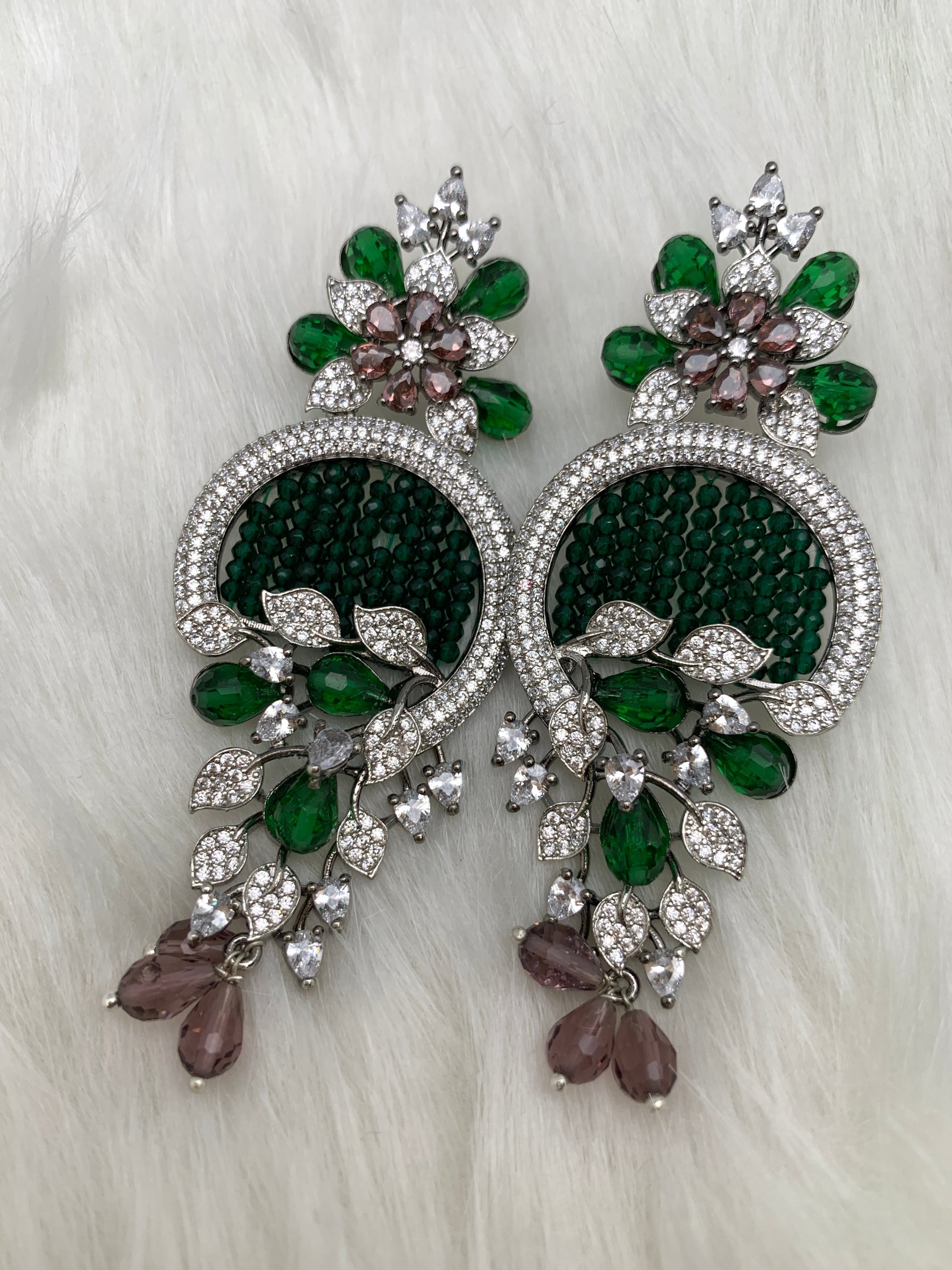 AD Color Stone Floral Design Victorian Earrings - Green