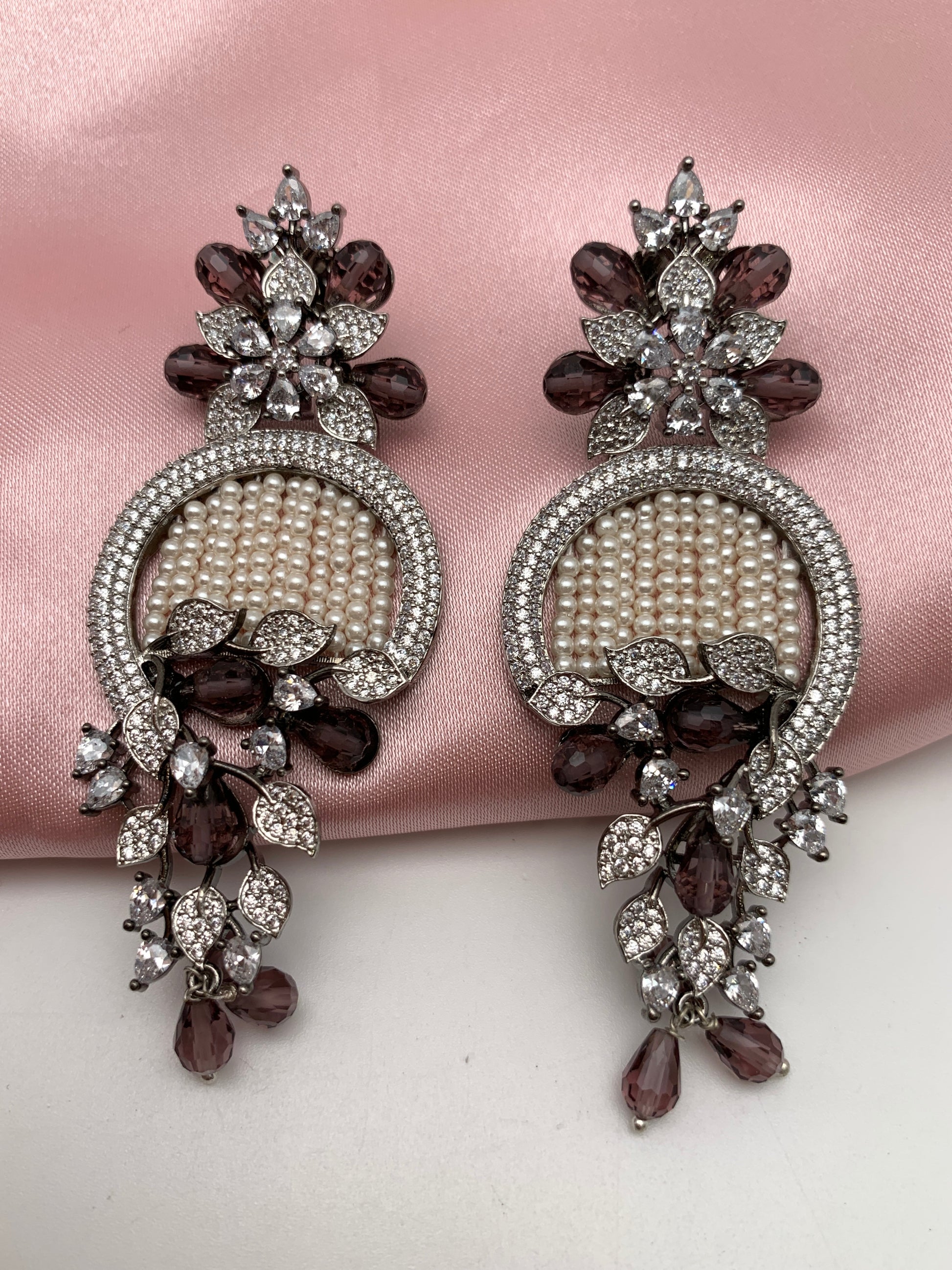 AD Color Stone Floral Design Victorian Earrings - Purple