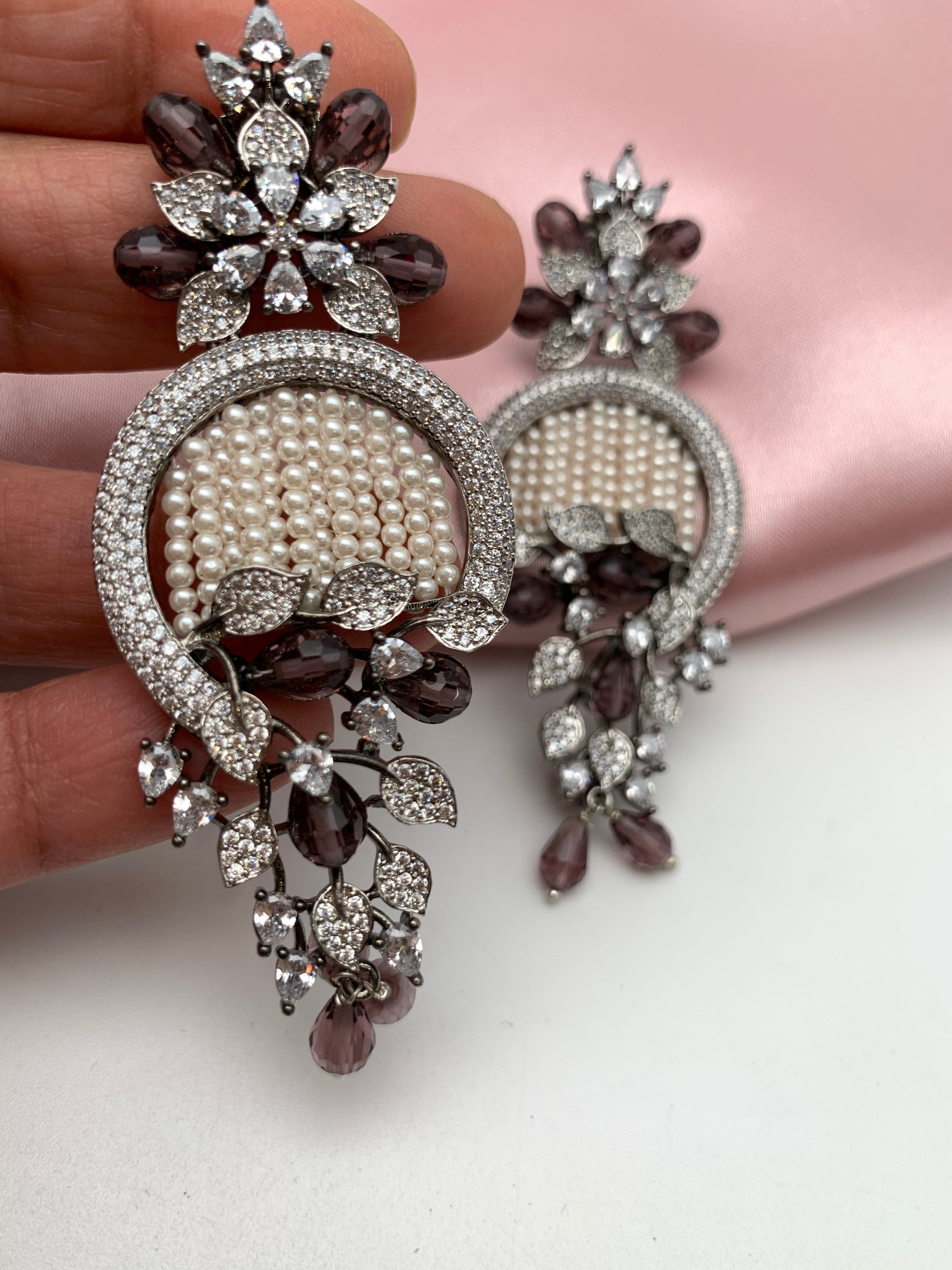 AD Color Stone Floral Design Victorian Earrings - Purple