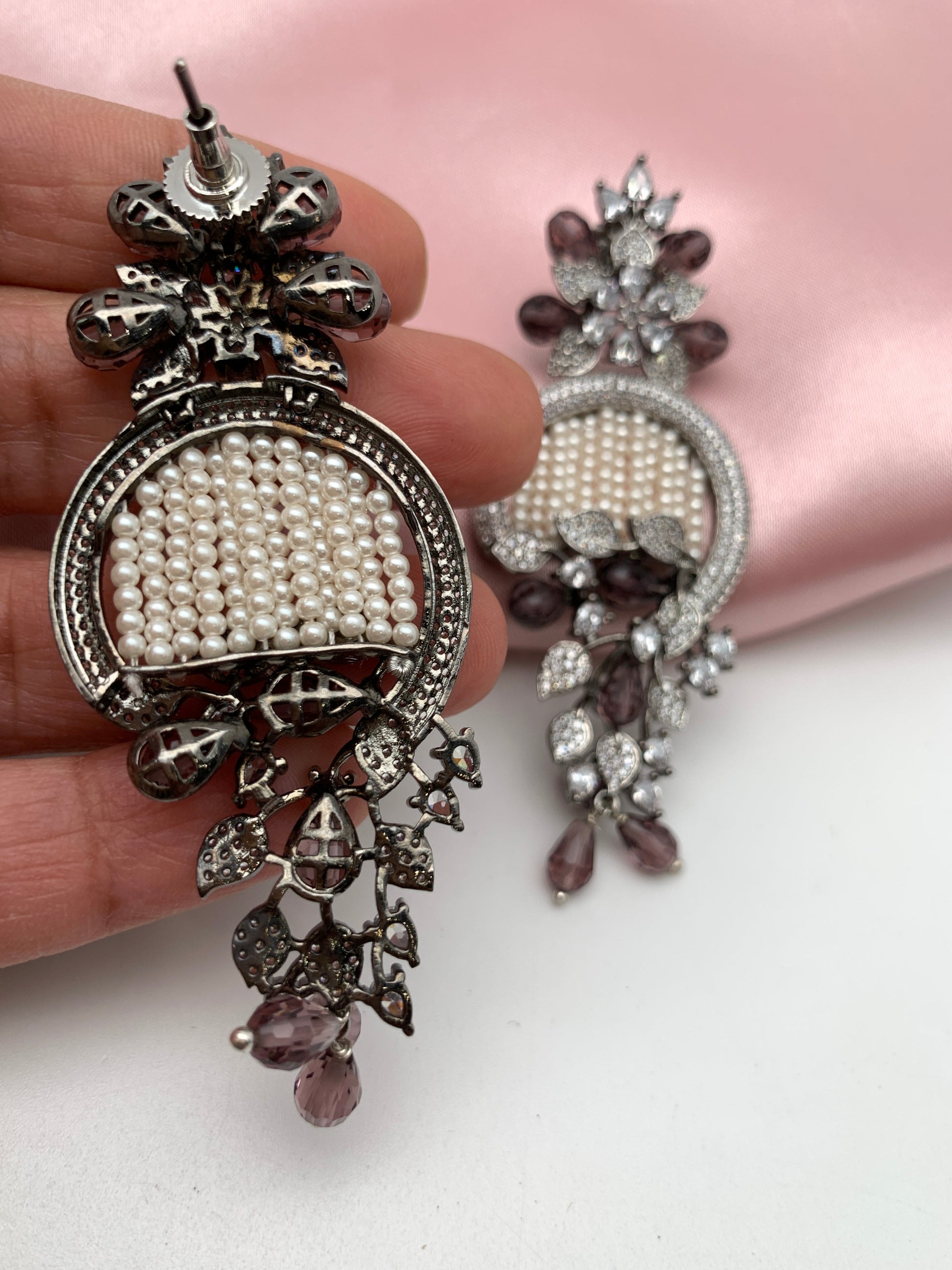 AD Color Stone Floral Design Victorian Earrings - Purple