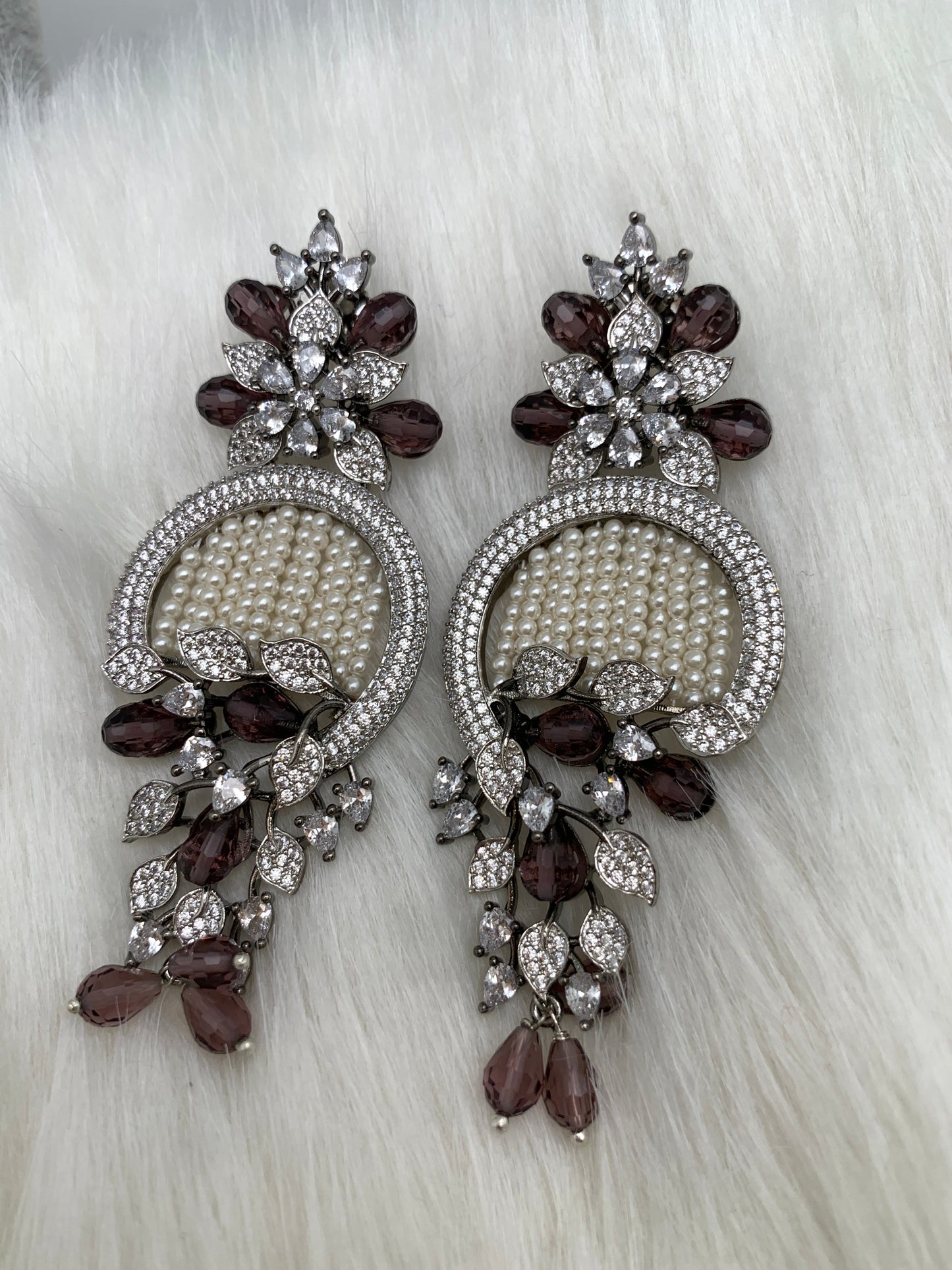 AD Color Stone Floral Design Victorian Earrings - Purple
