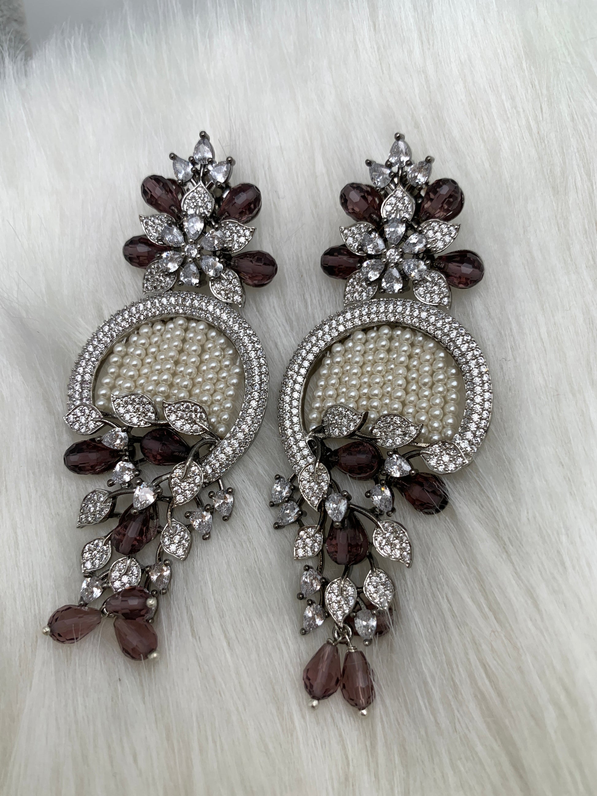 AD Color Stone Floral Design Victorian Earrings - Purple