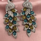 AD Color Stone Peacock Statement Victorian Earrings - Blue