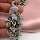 AD Color Stone Peacock Statement Victorian Earrings - Blue