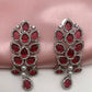 AD Color Stone Floral Design Silver Finish Earrings - Red