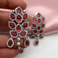 AD Color Stone Floral Design Silver Finish Earrings - Red