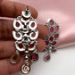 AD Color Stone Floral Design Silver Finish Earrings - Red