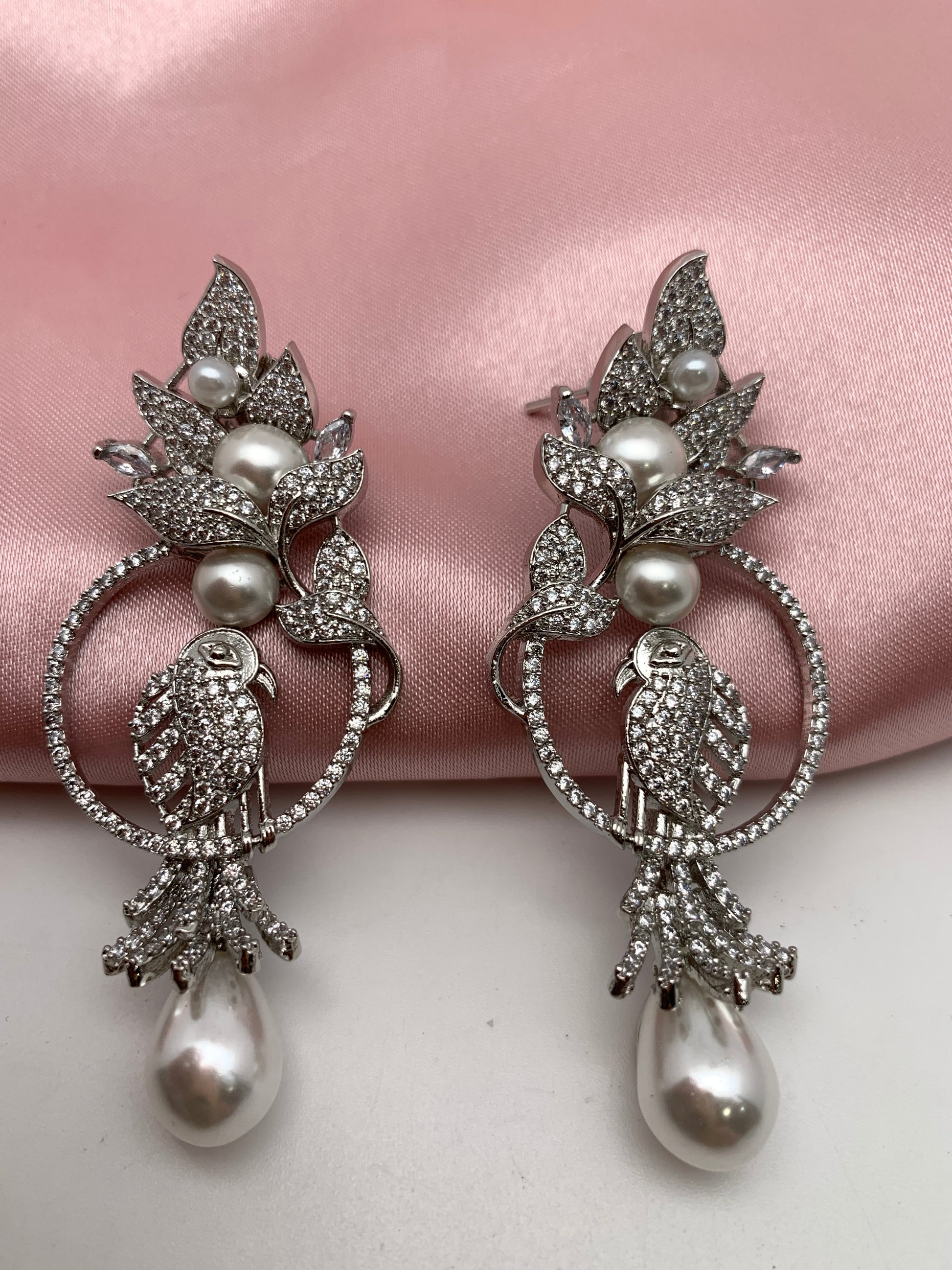 AD Pearl Bird Design Statement Silver Finish Earrings