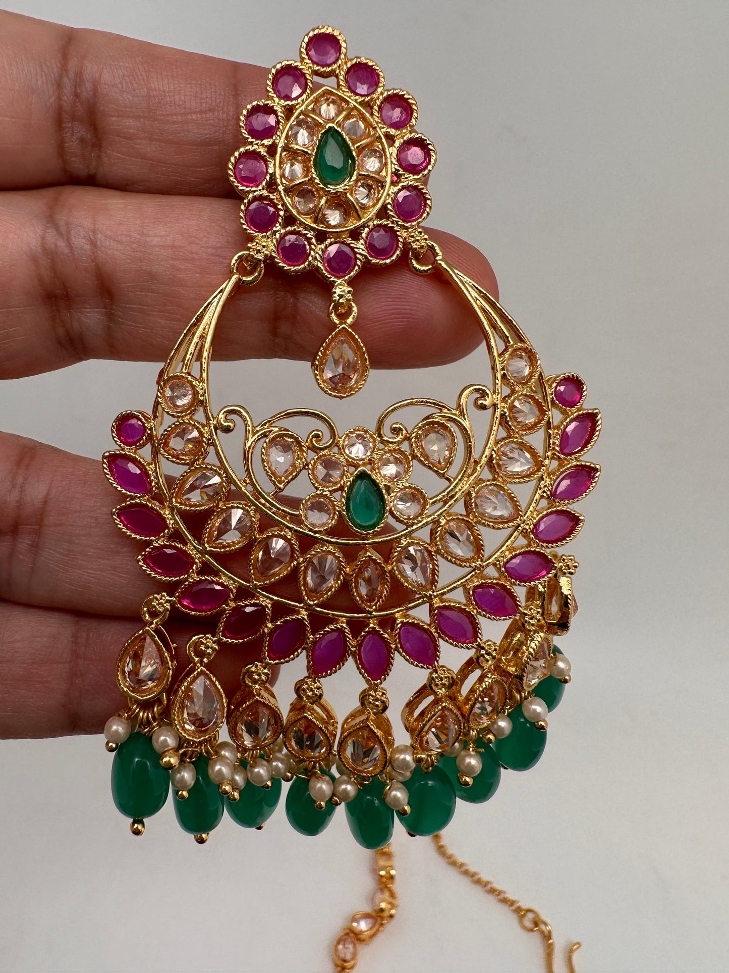 Clear Stone Polki Pearls Chandbali Earrings with Maang Teeka