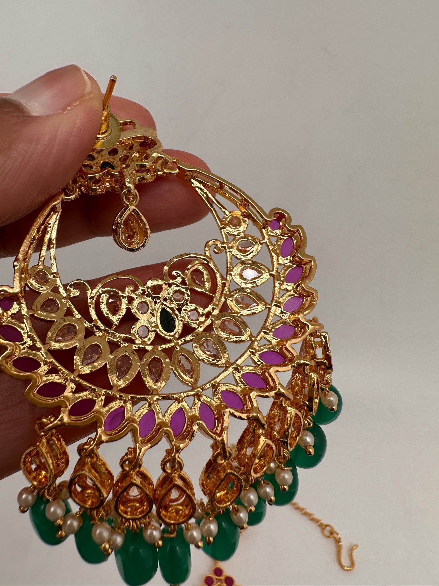 Clear Stone Polki Pearls Chandbali Earrings with Maang Teeka