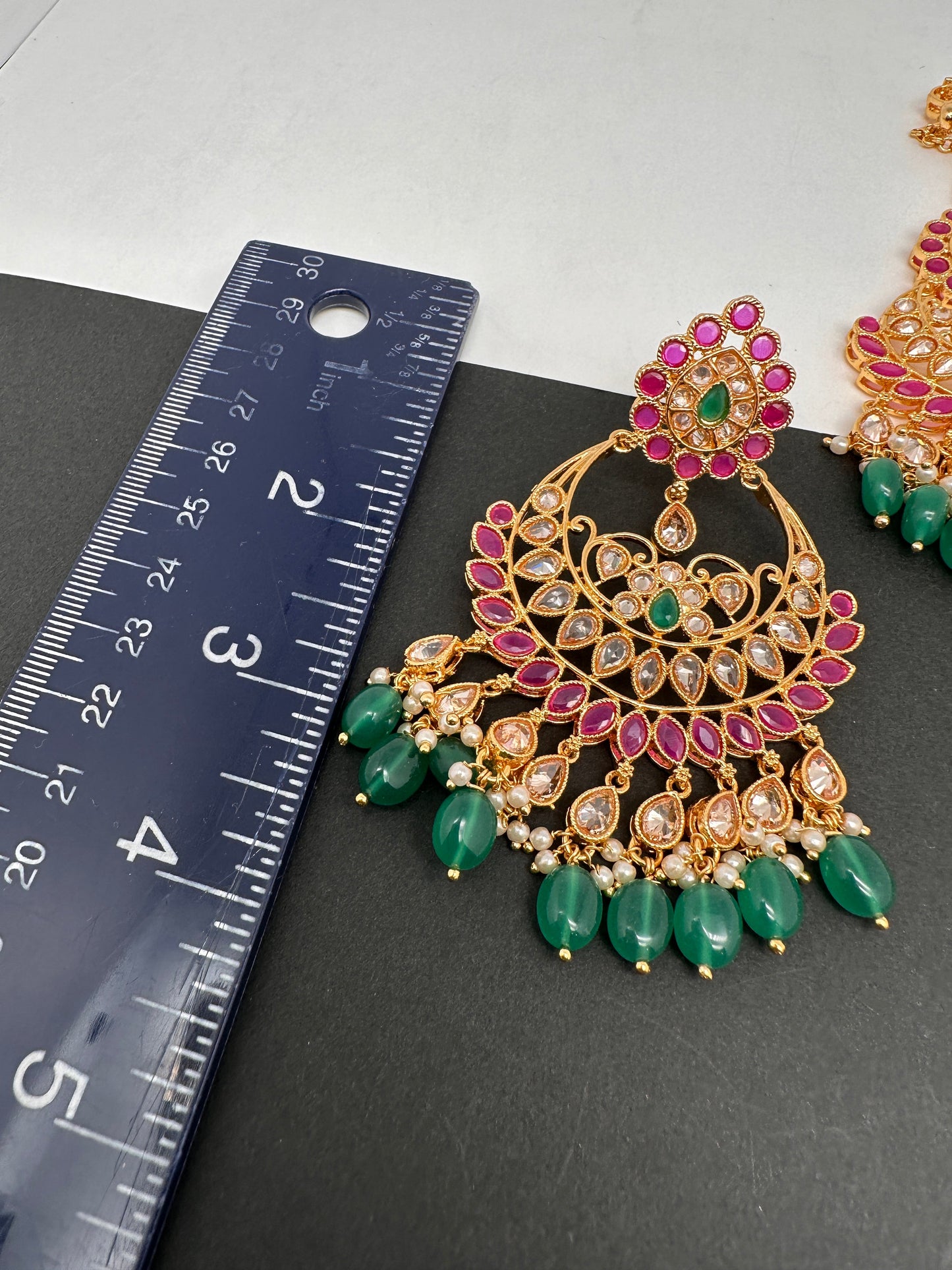 Clear Stone Polki Pearls Chandbali Earrings with Maang Teeka