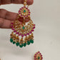 Clear Stone Polki Pearls Chandbali Earrings with Maang Teeka