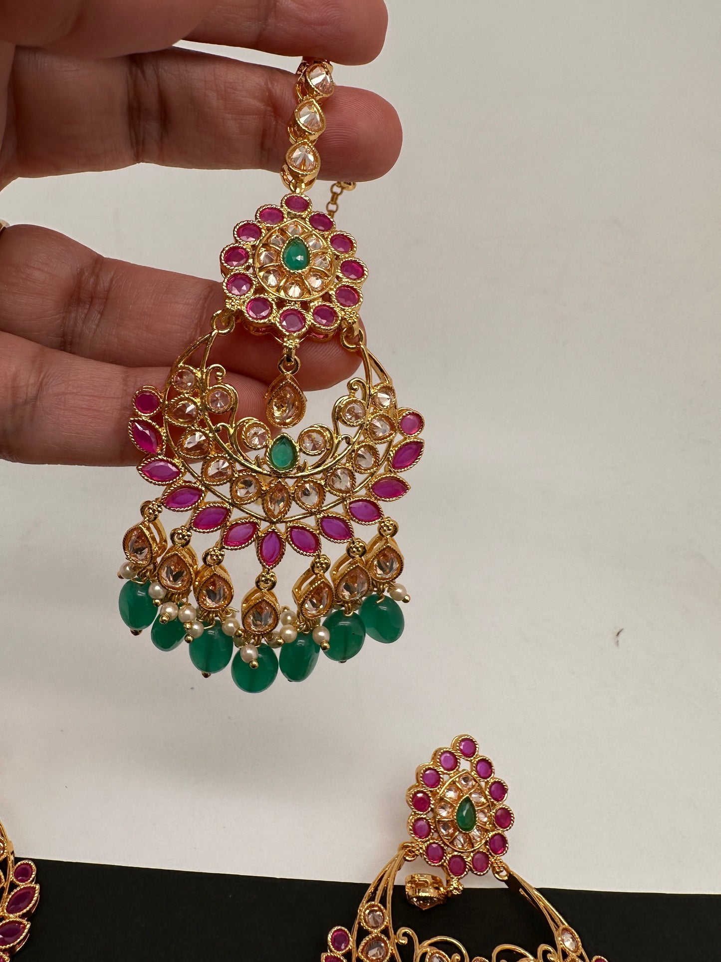 Clear Stone Polki Pearls Chandbali Earrings with Maang Teeka