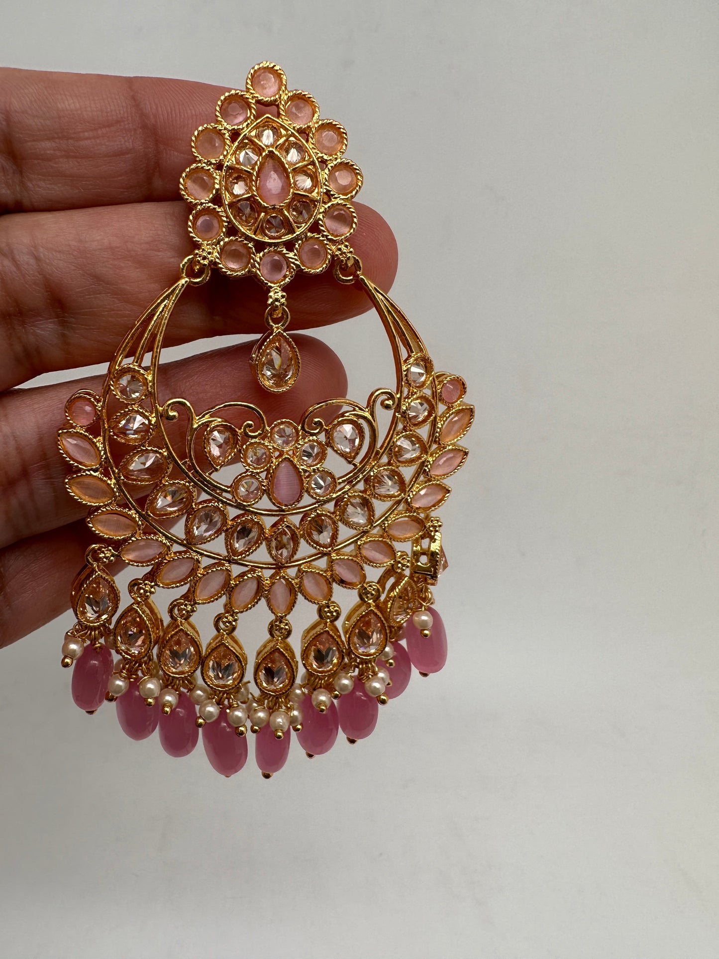 Pink Stone Polki Pearls Chandbali Earrings with Maang Teeka