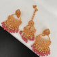 Pink Stone Polki Pearls Chandbali Earrings with Maang Teeka