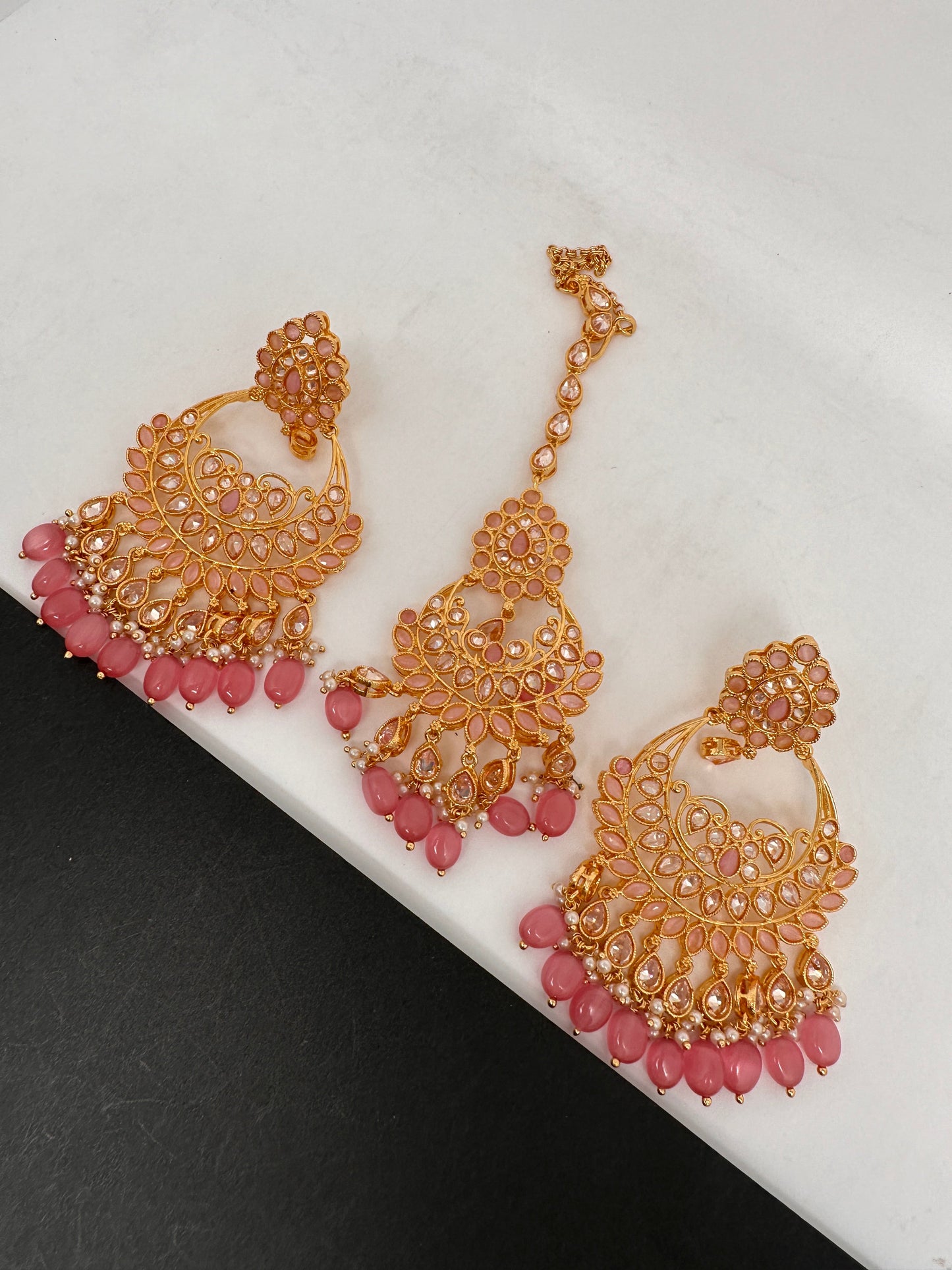 Pink Stone Polki Pearls Chandbali Earrings with Maang Teeka