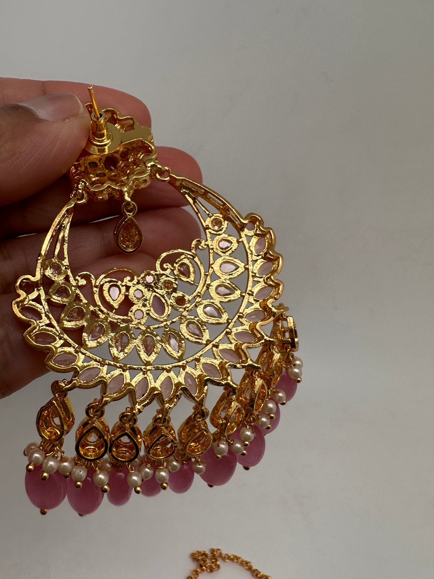 Pink Stone Polki Pearls Chandbali Earrings with Maang Teeka
