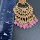 Pink Stone Polki Pearls Chandbali Earrings with Maang Teeka