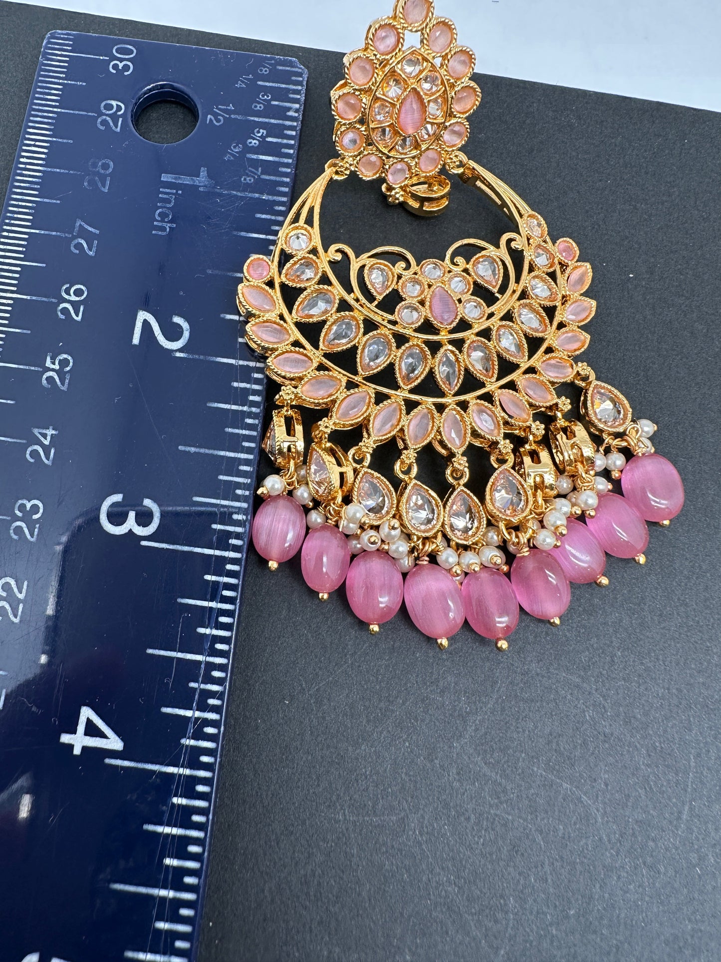 Pink Stone Polki Pearls Chandbali Earrings with Maang Teeka