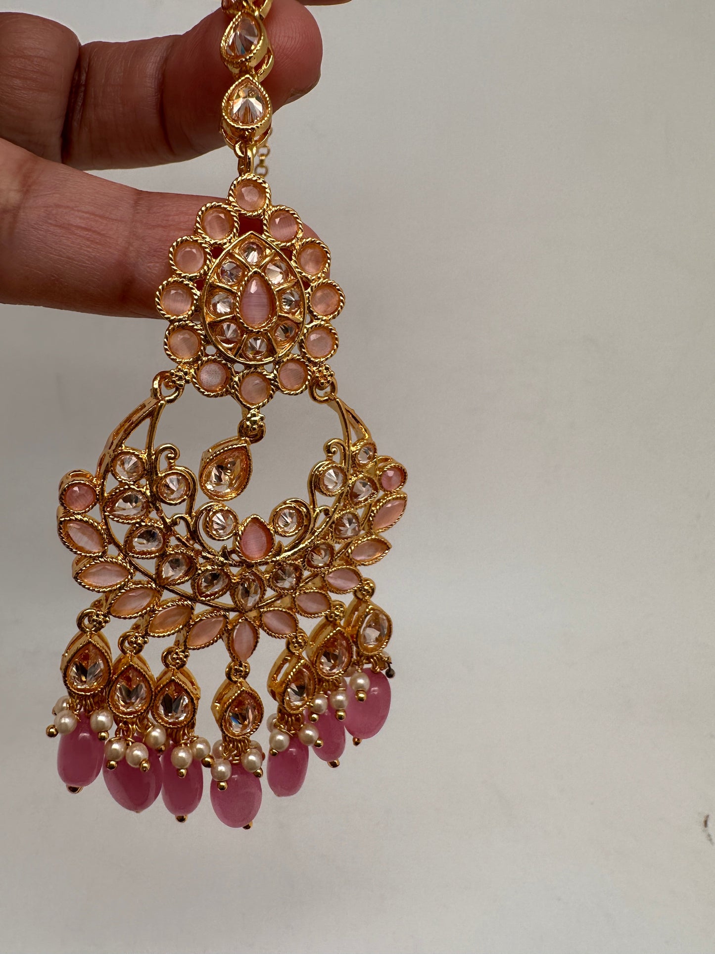 Pink Stone Polki Pearls Chandbali Earrings with Maang Teeka