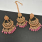 Pink Stone Polki Pearls Chandbali Earrings with Maang Teeka