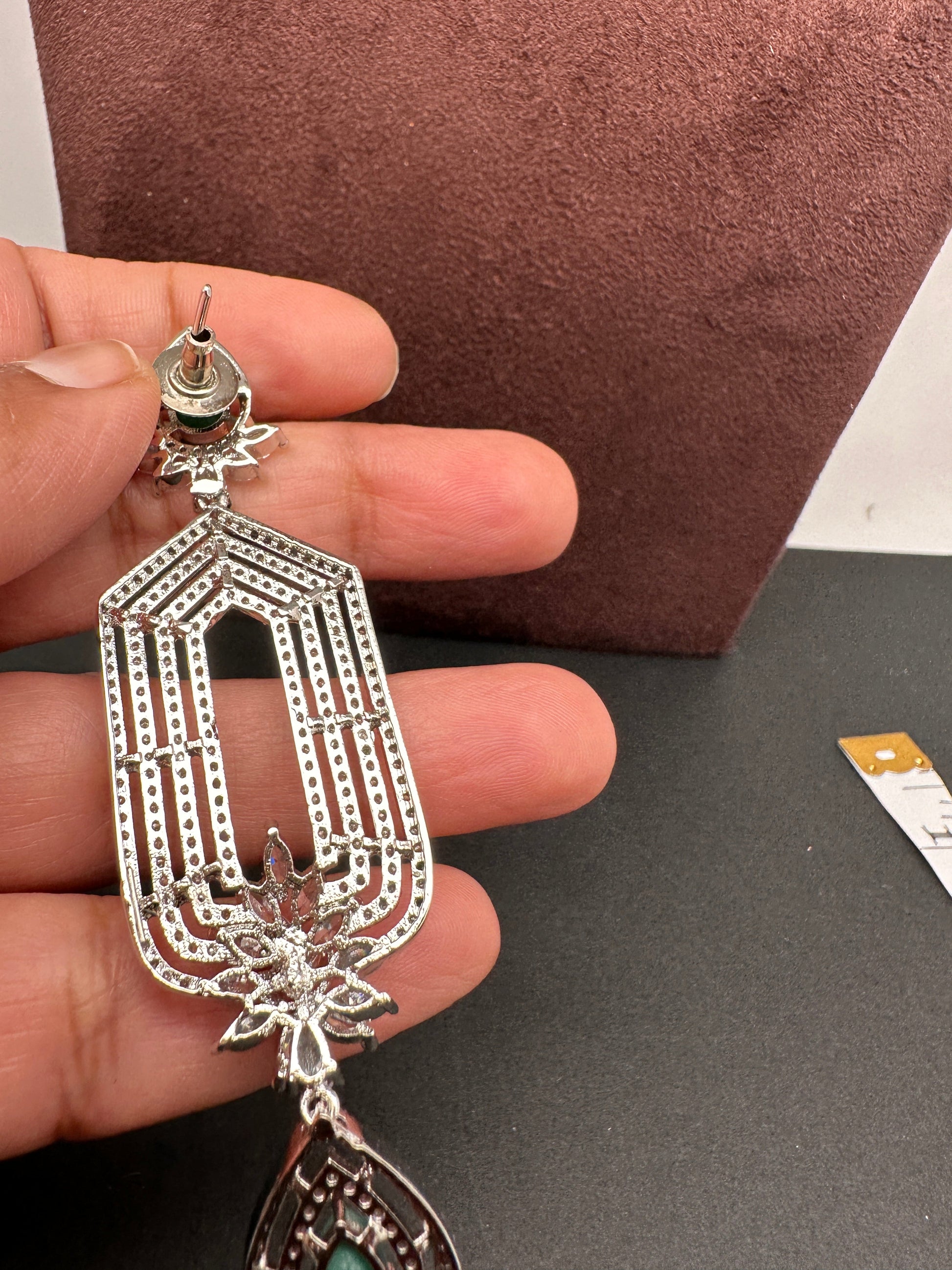 AD Color Stone Cascade Design Earrings - Green