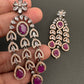 AD Color Stone Cascade Design Victorian Finish Earrings - Red