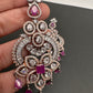 AD Color Stone Floral Design Victorian Finish Earrings - Red