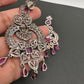 AD Color Stone Floral Design Victorian Finish Earrings - Red