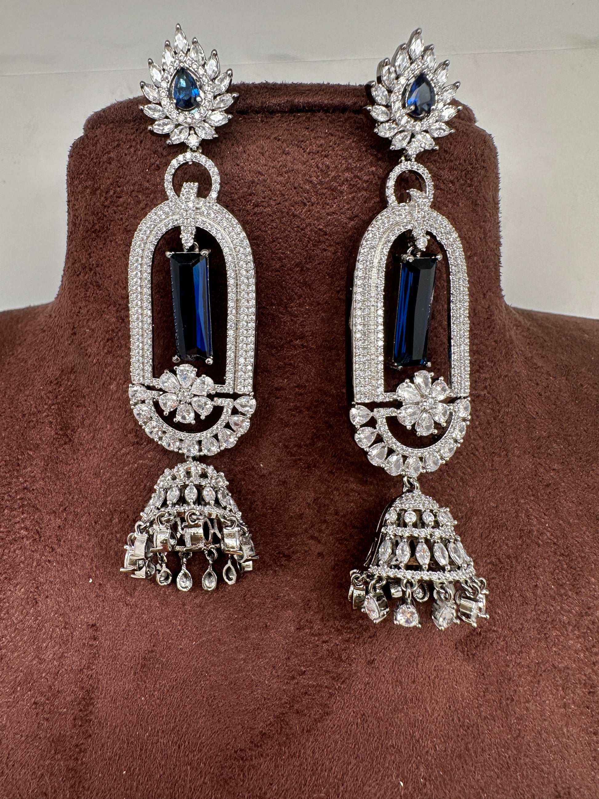 AD Color Stone Oval Cascade Jhumki Earrings - Blue