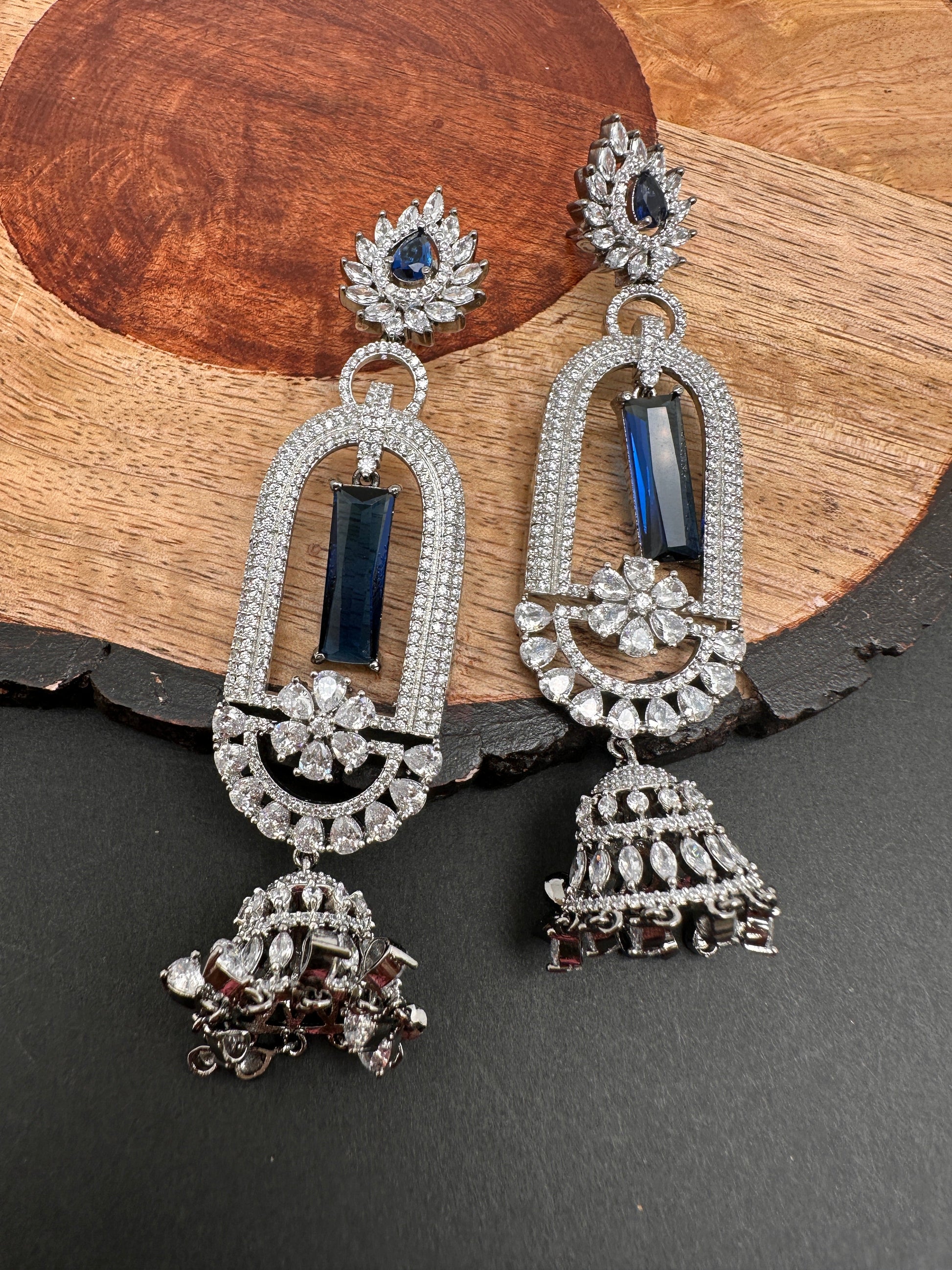 AD Color Stone Oval Cascade Jhumki Earrings - Blue