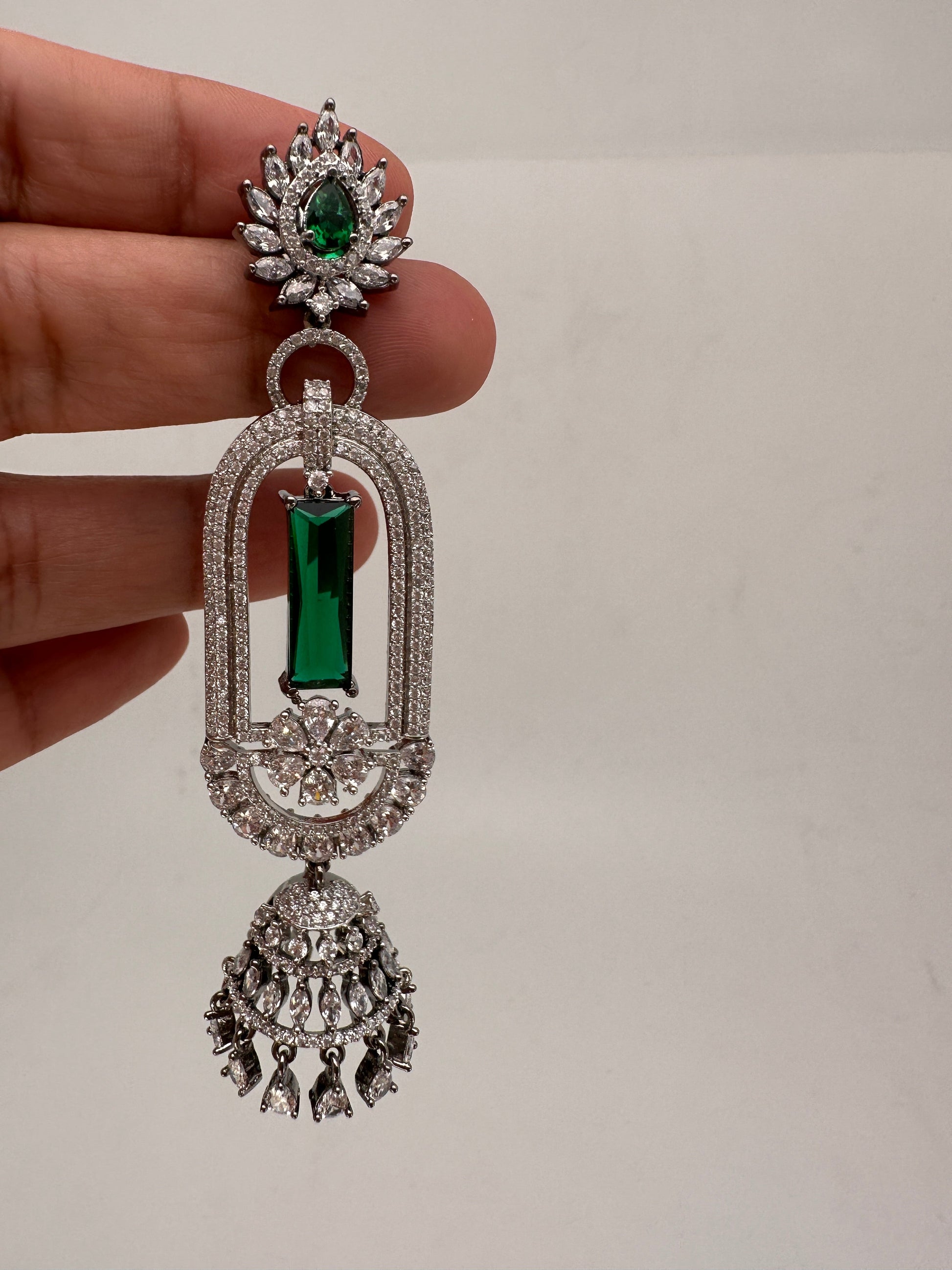 AD Color Stone Oval Cascade Jhumki Earrings - Green