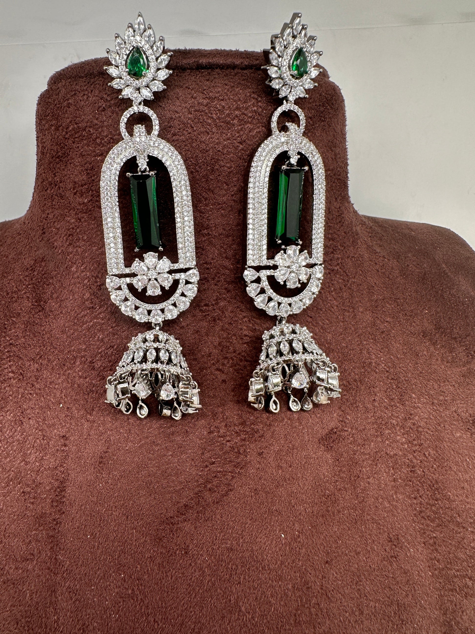 AD Color Stone Oval Cascade Jhumki Earrings - Green
