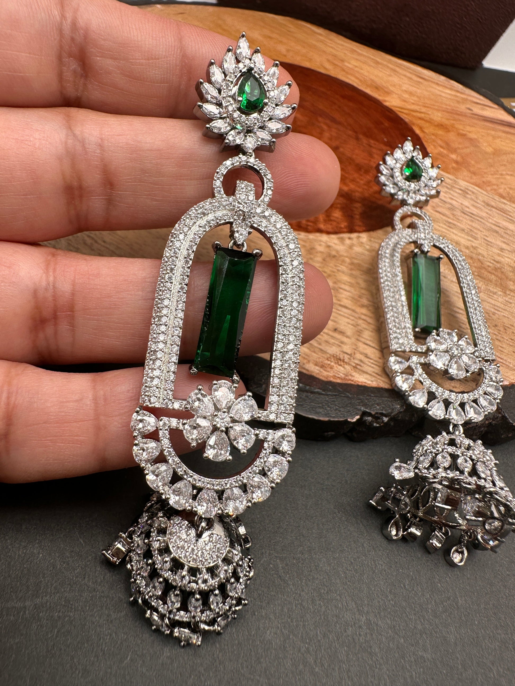 AD Color Stone Oval Cascade Jhumki Earrings - Green