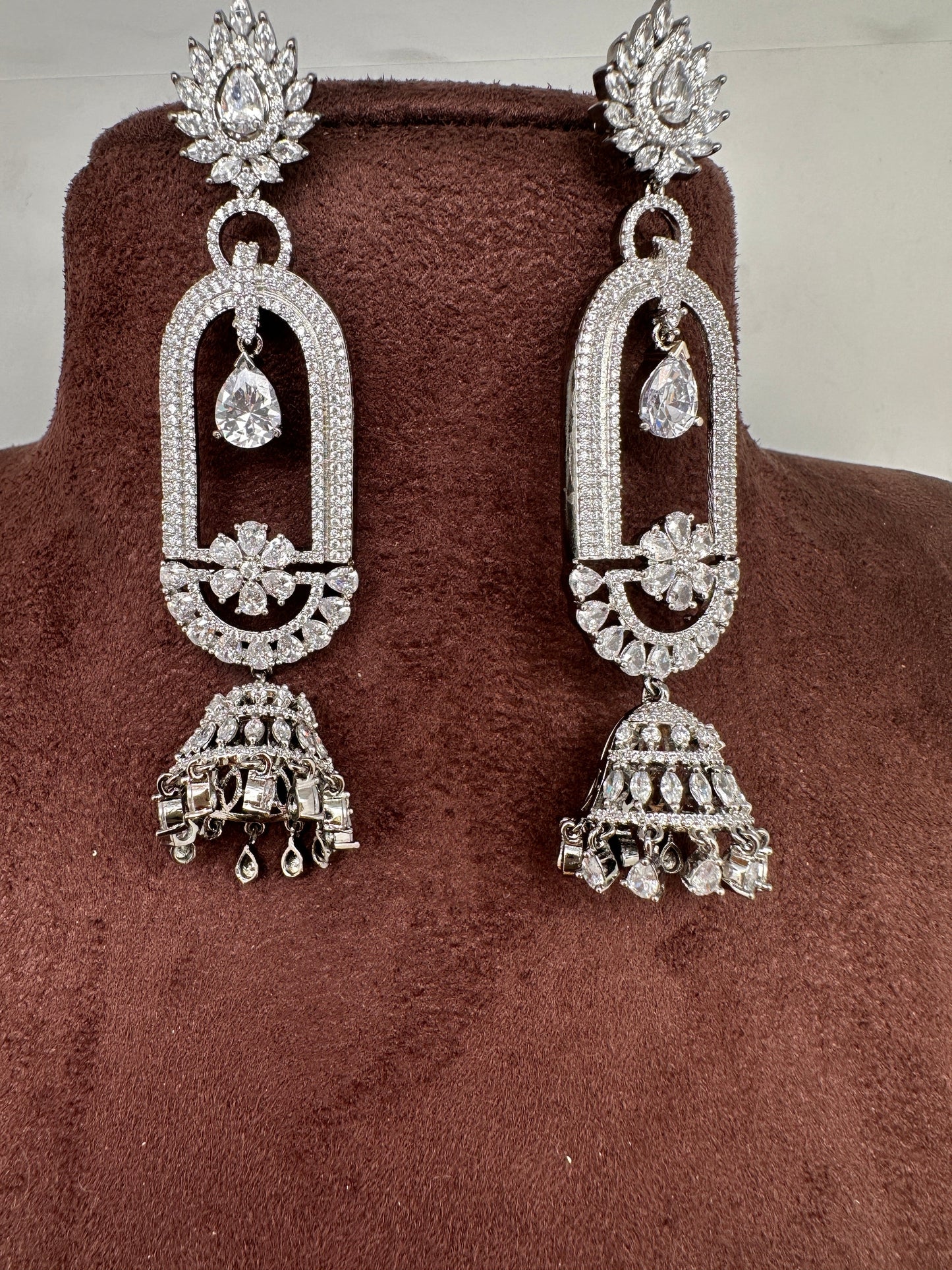 AD Color Stone Oval Cascade Jhumki Earrings - White