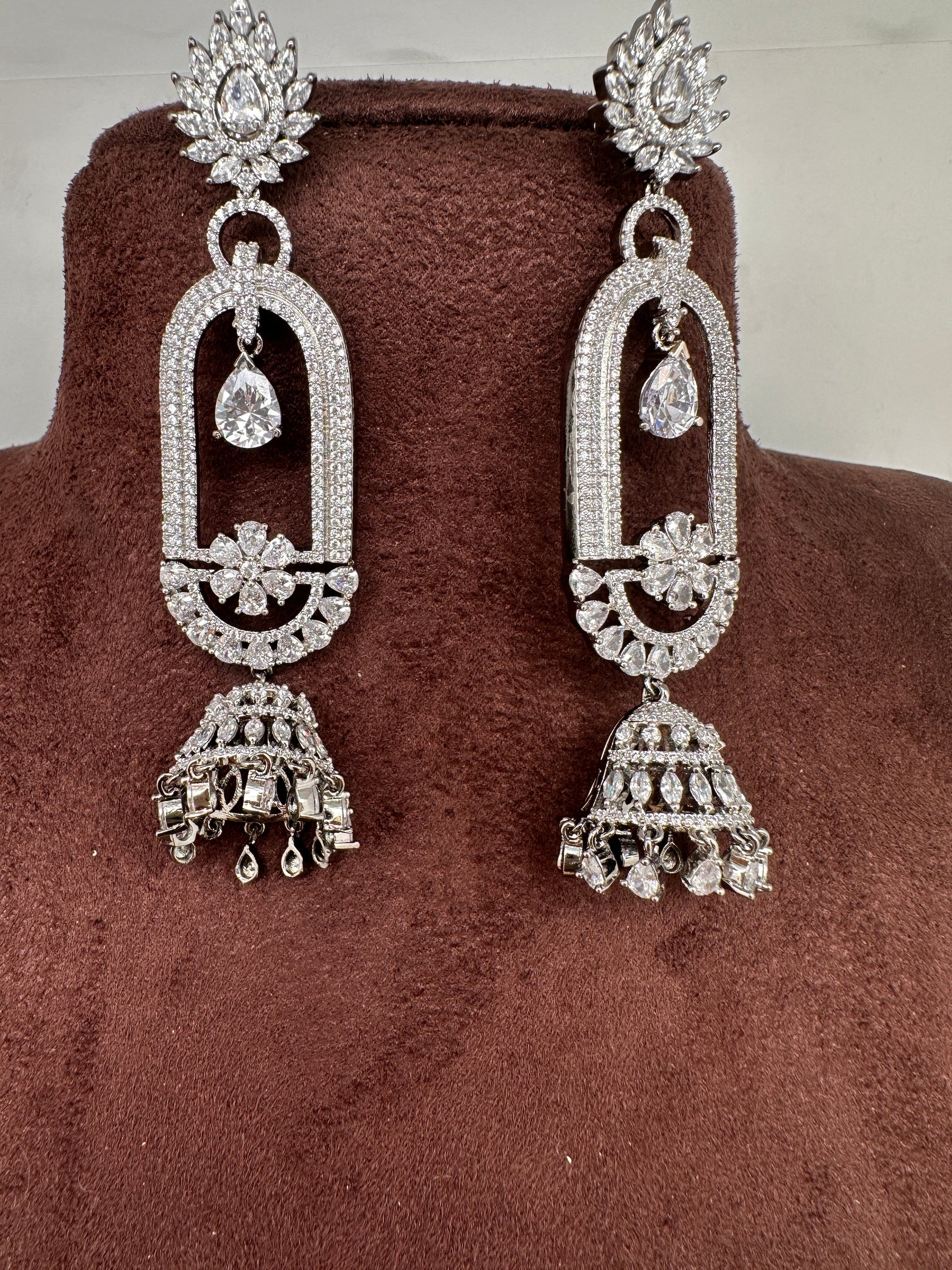 AD Color Stone Oval Cascade Jhumki Earrings - White