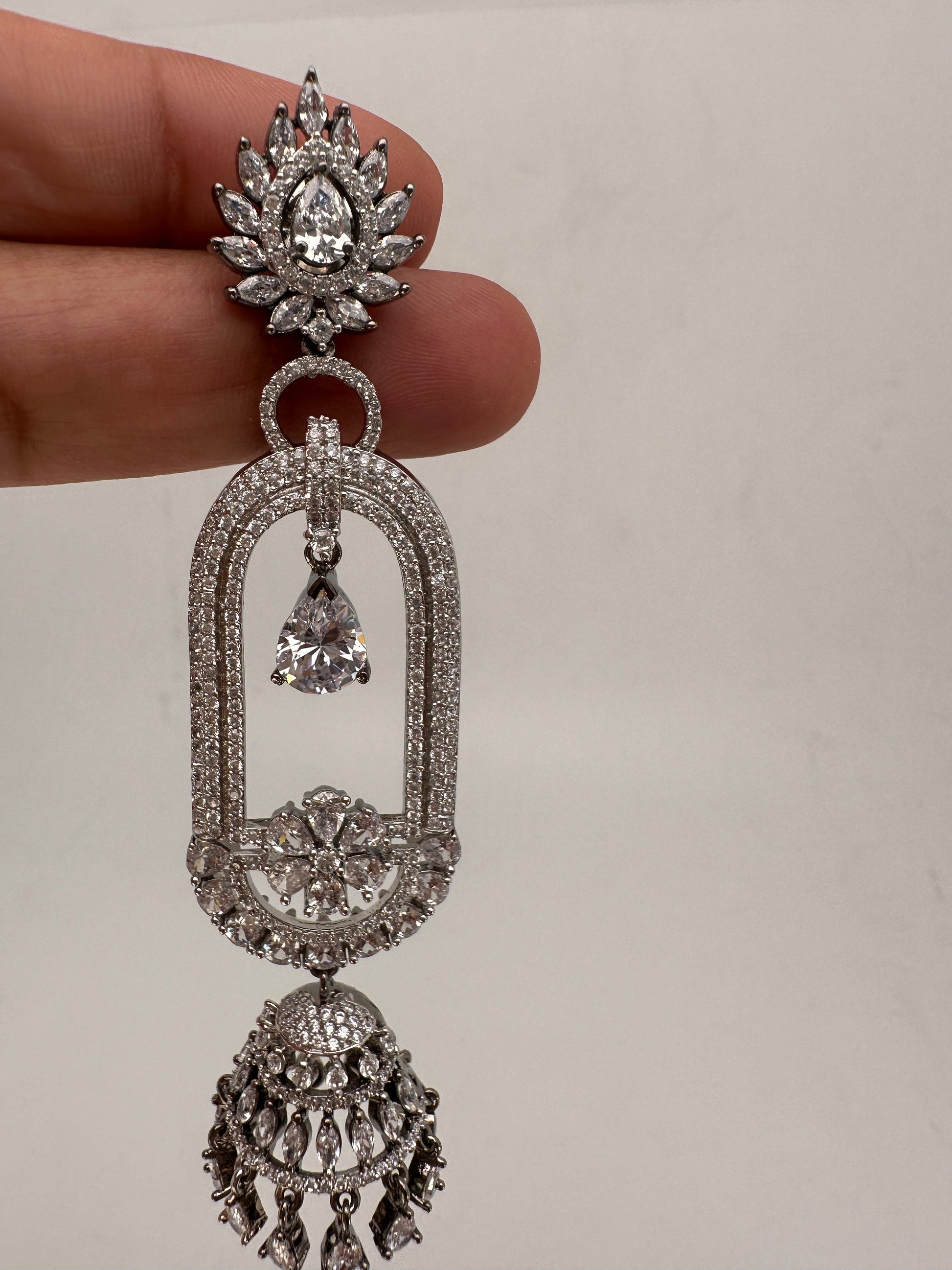 AD Color Stone Oval Cascade Jhumki Earrings - White