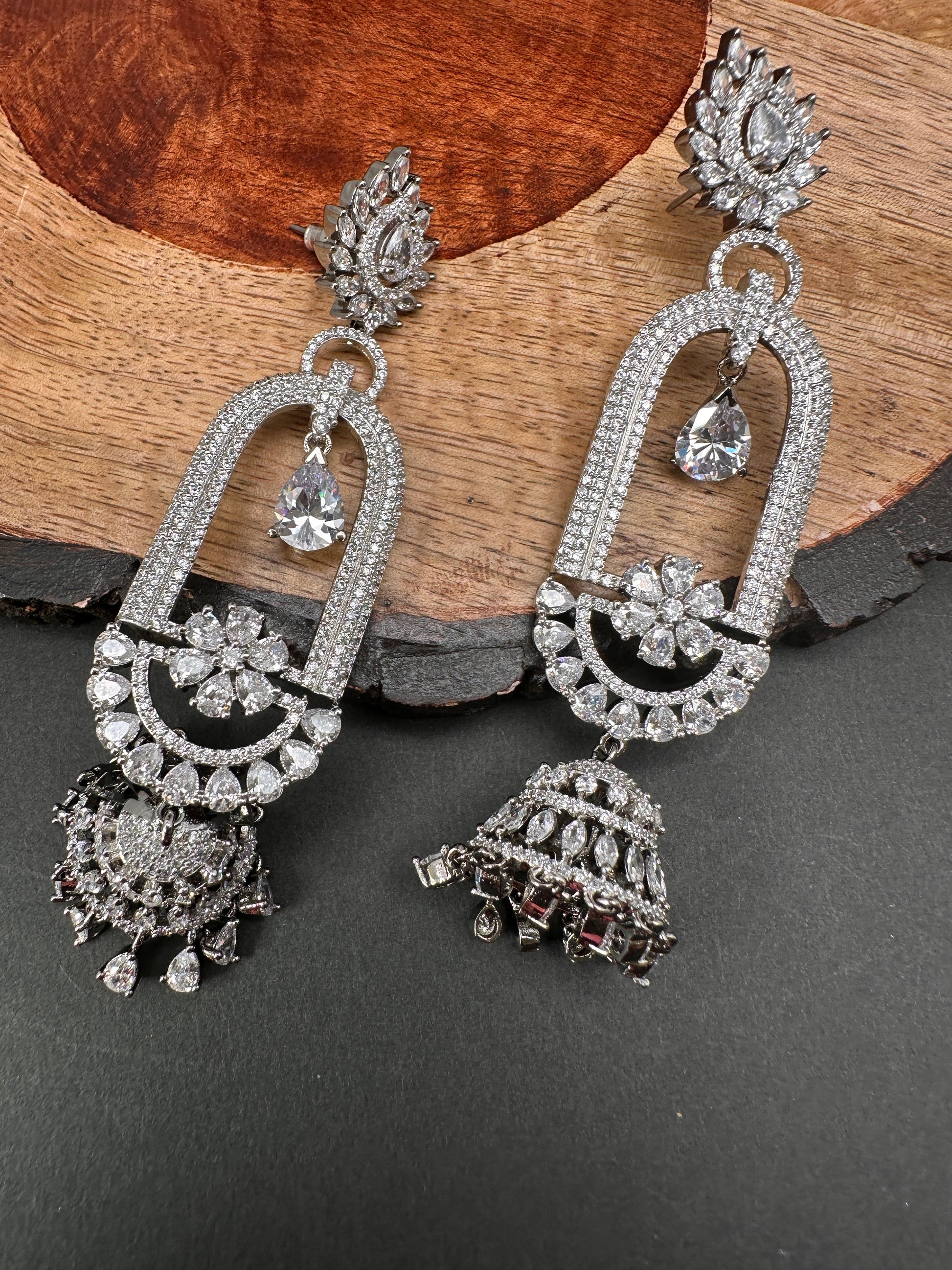 AD Color Stone Oval Cascade Jhumki Earrings - White