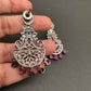 AD Color Stone Floral Design Victorian Finish Earrings - Red