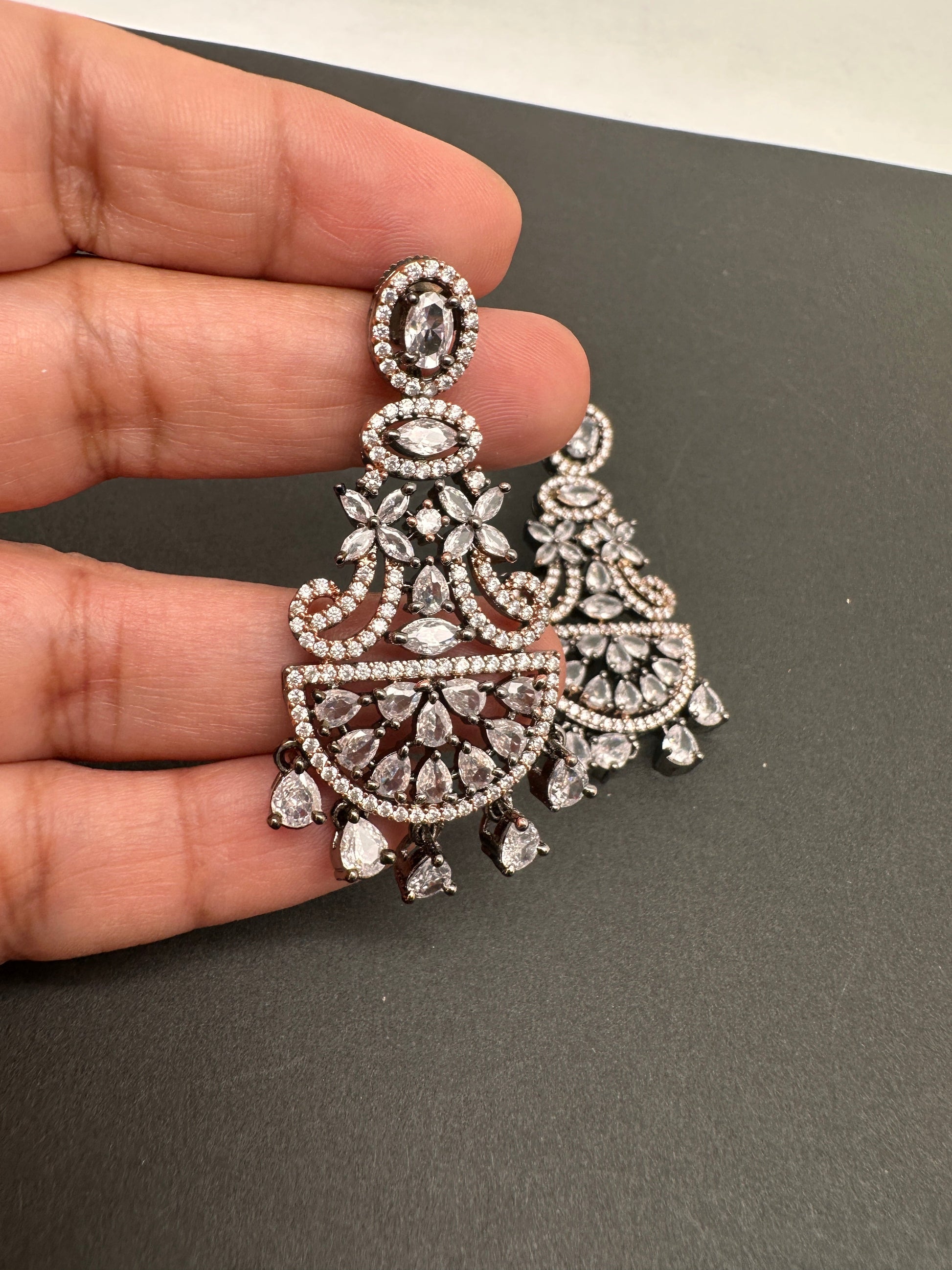 AD Color Stone Floral Design Victorian Finish Earrings - White