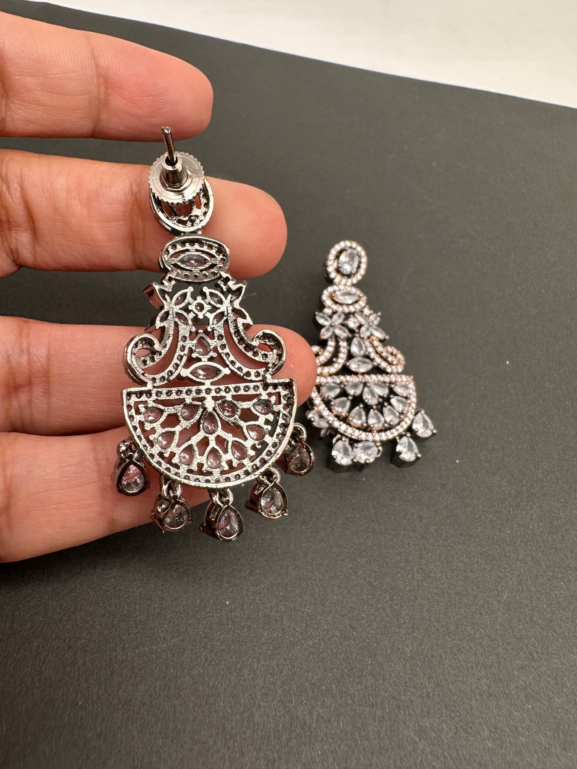 AD Color Stone Floral Design Victorian Finish Earrings - White