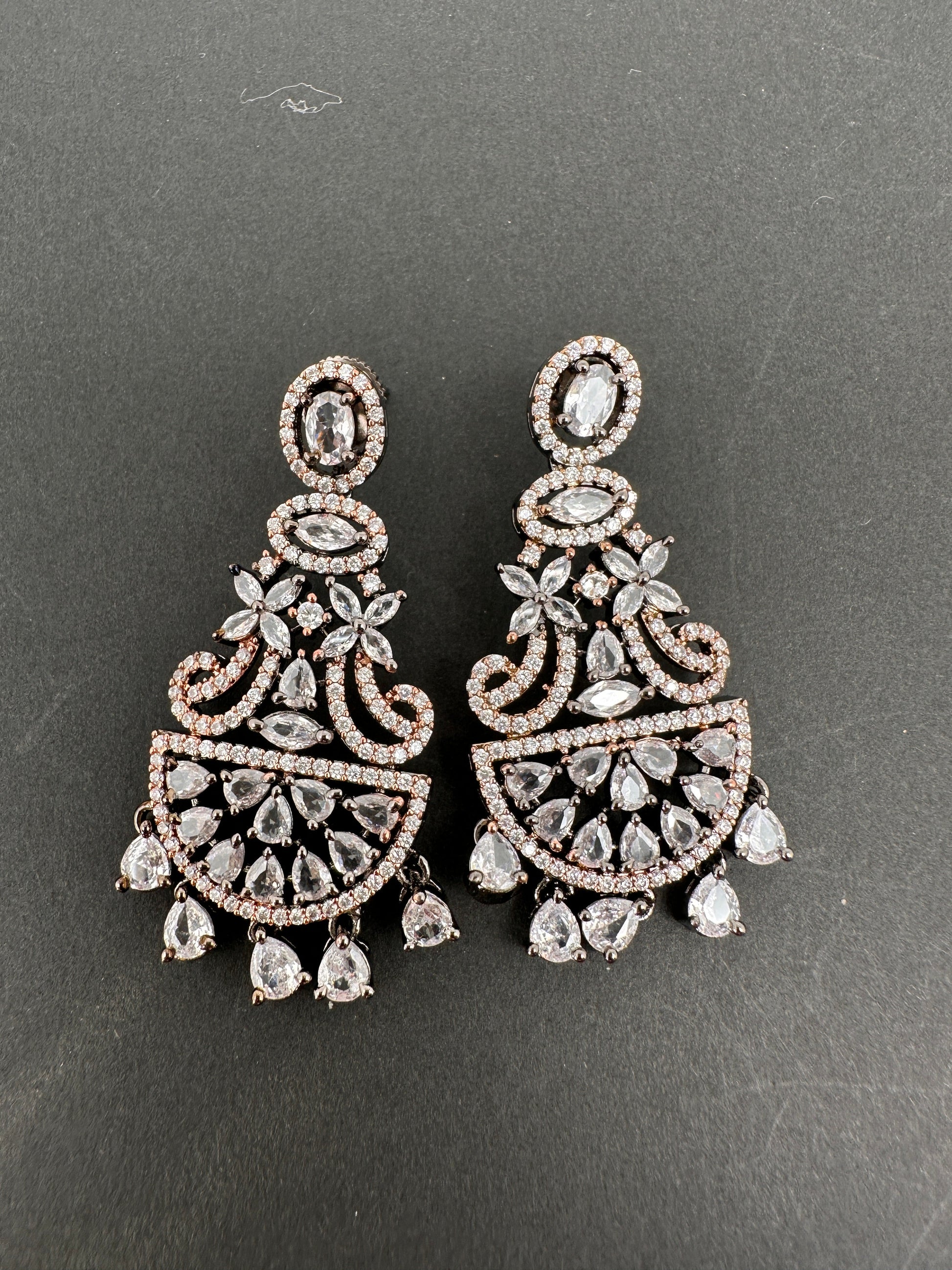 AD Color Stone Floral Design Victorian Finish Earrings - White