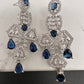 AD Color Stone Floral Design Silver Finish Earrings - Blue