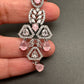 AD Color Stone Floral Design Silver Finish Earrings - Pink