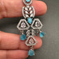 AD Color Stone Floral Design Silver Finish Earrings - Turquoise