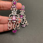 AD Color Stone Floral Design Victorian Finish Earrings - Red