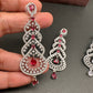 AD Color Stone Floral Cascade Silver Finish Earrings - Red