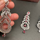 AD Color Stone Floral Cascade Silver Finish Earrings - Red