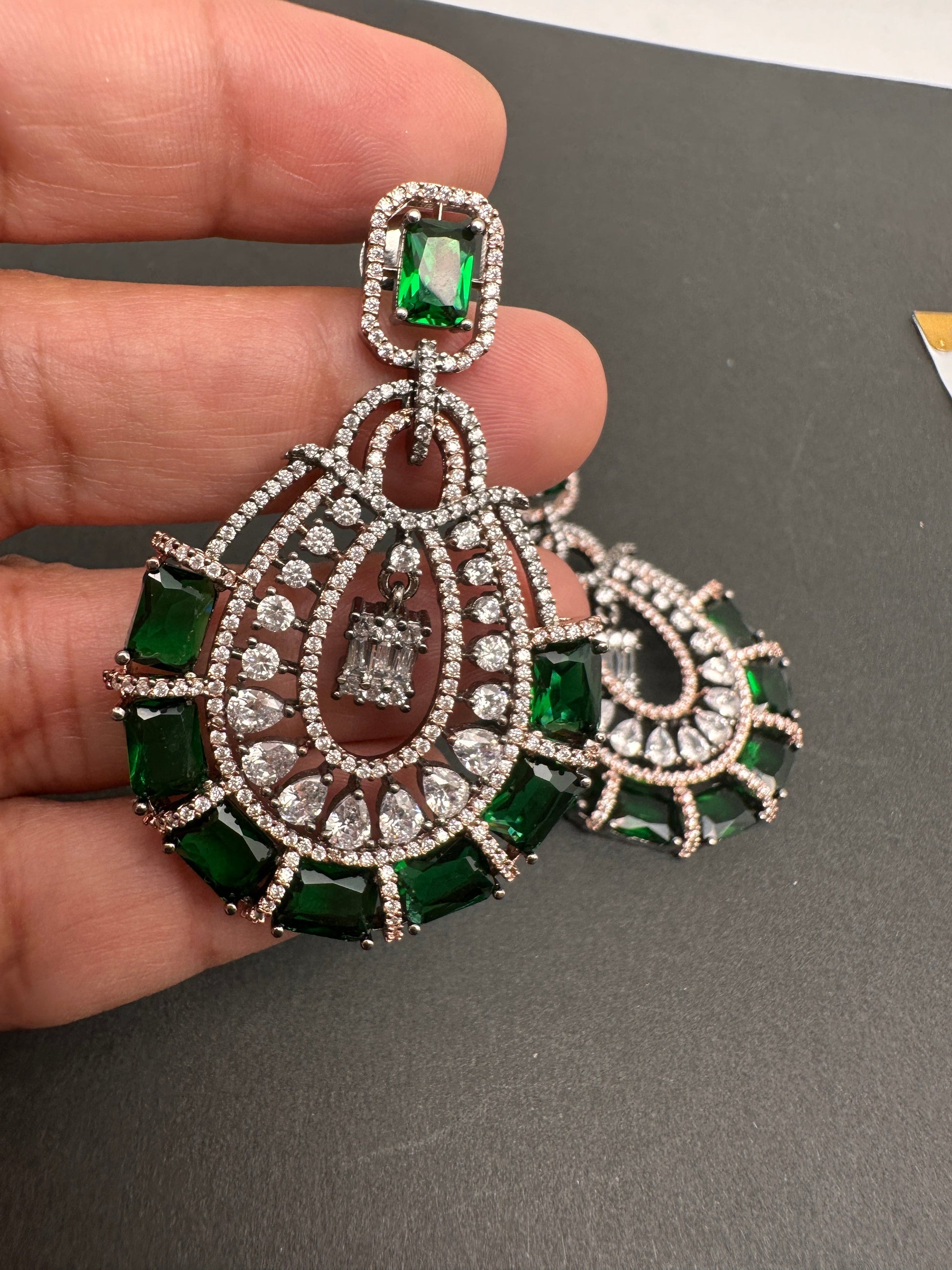AD Color Stone Floral Victorian Finish Earrings - Green