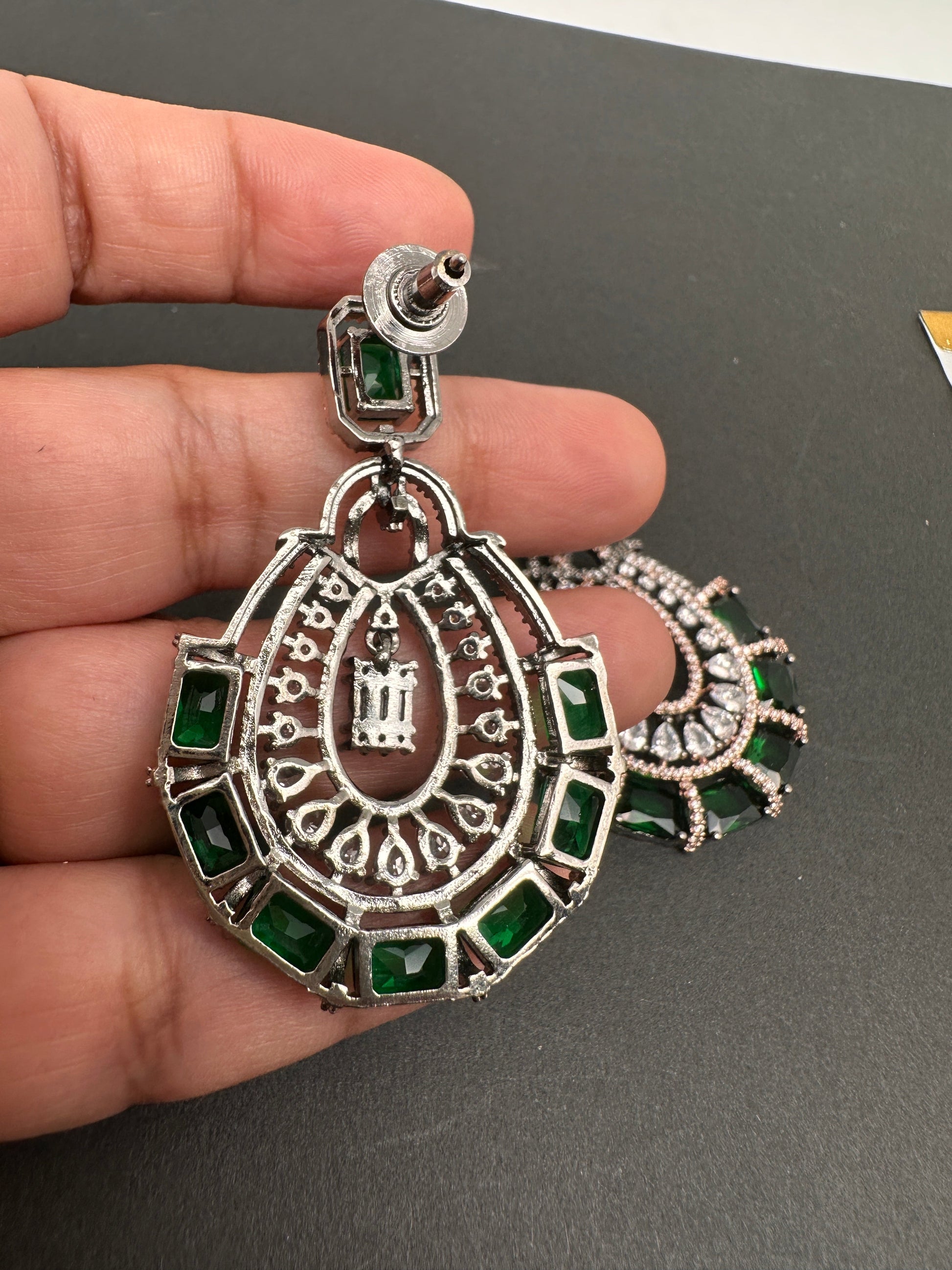 AD Color Stone Floral Victorian Finish Earrings - Green